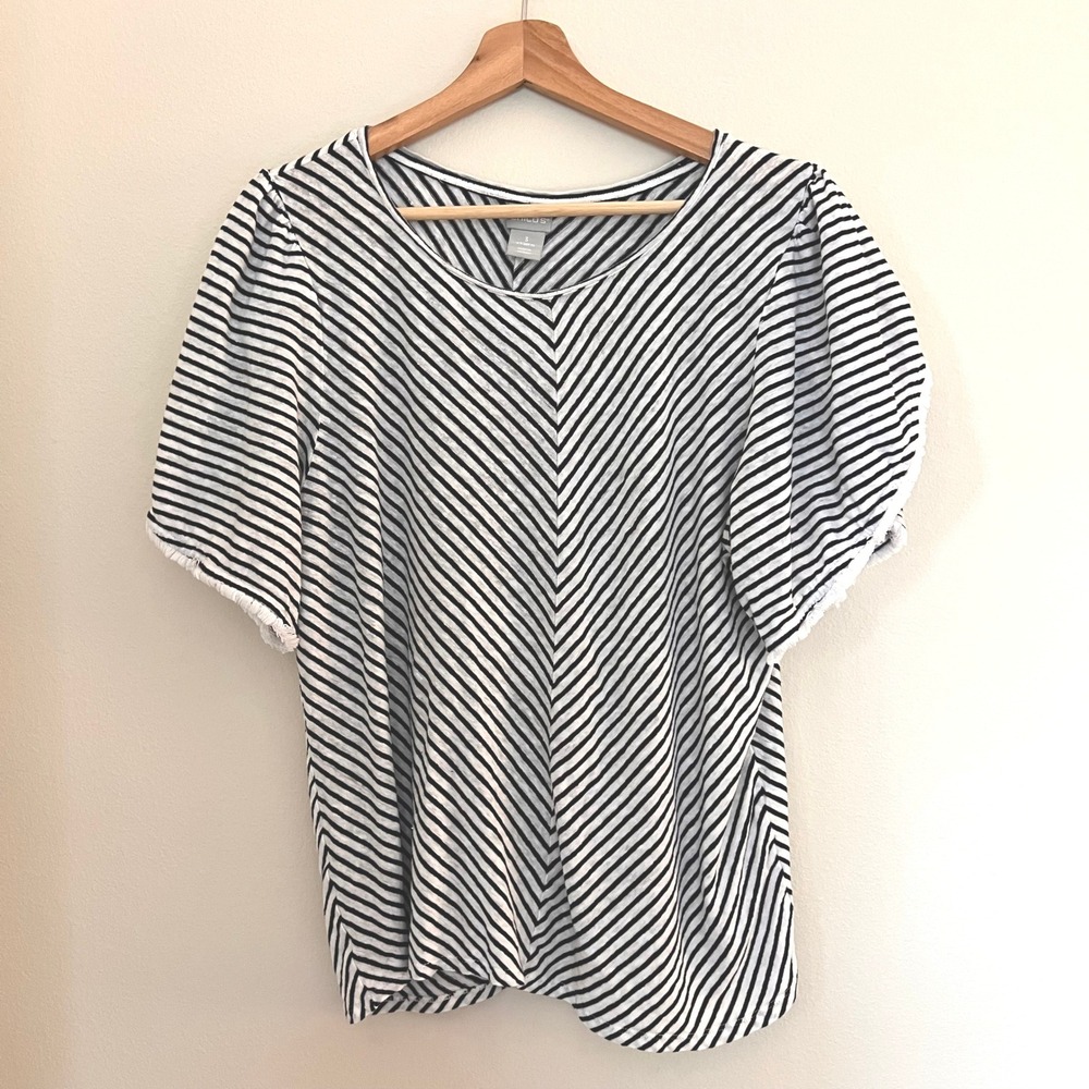 Chicos 100% Linen Striped Puff Sleeve Fringe Trim Top Black White Size 3 XL